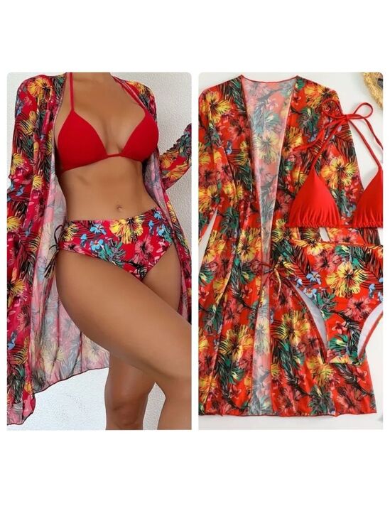 Pretty Woman Boutique Other - 3pc Tropical Print High Waist Bikini Set with Kimono Cover Up